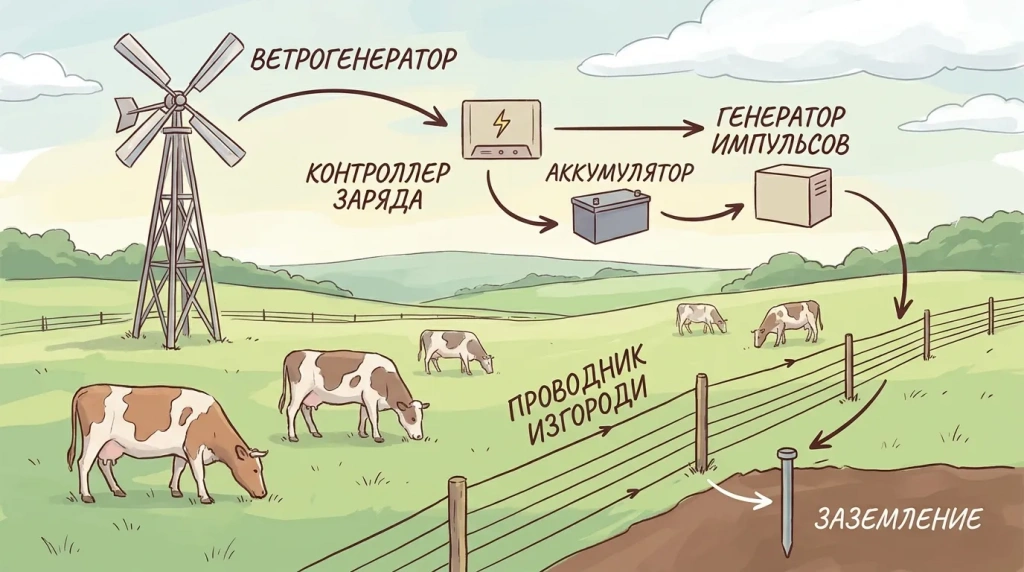 Схема питания электропастуха от ветрогенератора через контроллер и аккумулятор Схема питания электропастуха от ветрогенератора через контроллер и аккумулятор