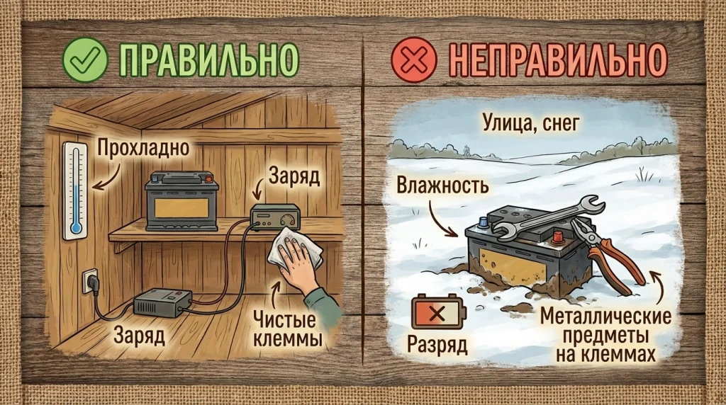 Сравнение правильного и неправильного хранения аккумулятора электропастуха зимой