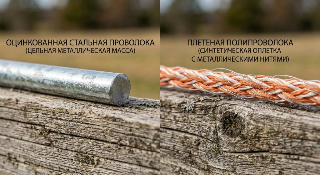 Сравнение сечения оцинкованной стальной проволоки и синтетического шнура для электропастуха